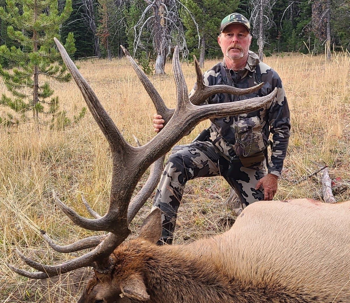 Rick Searcy with a bull elk harvest in a mountain meadow